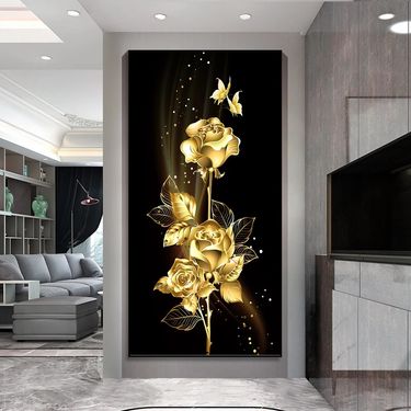Golden Flower Butterfly Home Decor Gold Leaf Floral Living Room Entrance Hanging Frameless Canvas Painting_voghion.com