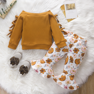 Mother & Kids baby spring and autumn suit 0-2 years old European and American girls long-sleeved bowknot top printed trousers two-piece set_voghion.com
