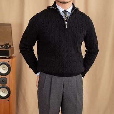 Men's Clothing Cozy Retro Zip-Up Knit Sweater For Men & Women, Soft Pullover With Embroidered Badge, Loose Fit Casual Wear, Black/White, Sizes M-3XL_voghion.com