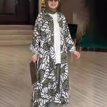 Women's Clothing Summer Fashion Print New Long Sleeved Loose Collarless Cardigan Dress_voghion.com
