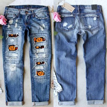 2024 Women's Jeans Personalized Street Perforated Printed Patch Straight Leg Pants_voghion.com