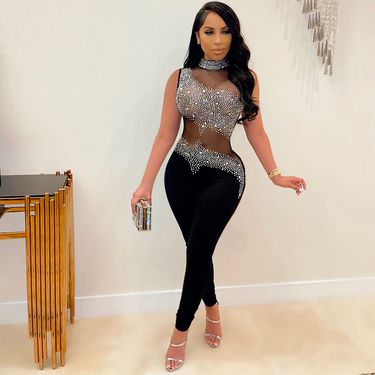 Women's fashion sexy mesh see-through hot diamond sleeveless jumpsuit trousers for women_voghion.com