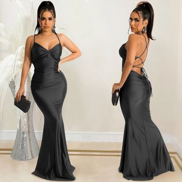 Solid color sexy suspender-wrapped chest and backless strap tight long skirt dress_voghion.com