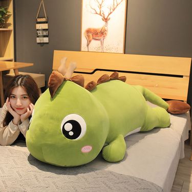 Dinosaur plush toy sleeping on bed, cloth big doll, leg clamp pillow, birthday gift for girls_voghion.com