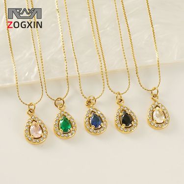 Simple Style Zirconia Water Drop Pendant Women's Gold-Plated Stainless Steel Necklace_voghion.com