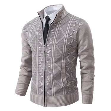 "Men's Stand Collar Zip-Up Knit Sweater – Autumn/Winter Thickened Cardigan (Beige, Gray, Burgundy, Navy, Brown, M-3XL)"_voghion.com