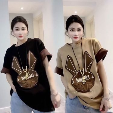 Women's Clothing Cartoon Bunny Graffiti Brushed Thick Short Sleeved Women's Versatile Age Reducing T Shirt_voghion.com
