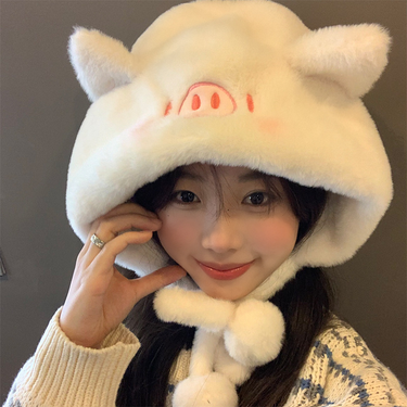 New Japanese Cute Powder Blusher Piglet Plush Hat Women's Warm Ear Protector in Autumn and Winter Lei Feng Hat Thickened Big Waist Hat_voghion.com