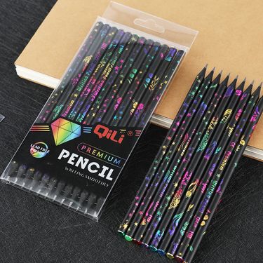 Qili Black Wood Pencils With Rhinestones, HB Graphite, Colorful Erasers & Sharpener - Fun & Creative School Supplies For Kids (12-Pack)_voghion.com