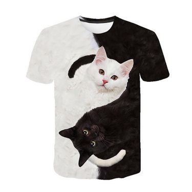Kid's Clothing black and white cat print 3D adult children's T-shirt men and women animal print summer short-sleeved 3d t-shirt top_voghion.com