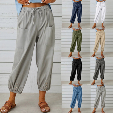 Women's high-waist buttoned cotton pants cropped pants wide-leg women's pants_viptrois.com