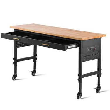 60' Workbench On Wheels Adjustable Height Table With Power Outlet & Drawer_voghion.com
