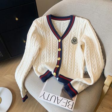 Women's Clothing 2024 Spring New College Style V neck Contrast Color Knitted Cardigan Waist Slimming Cable Knit Sweater Jacket Tops Women_voghion.com