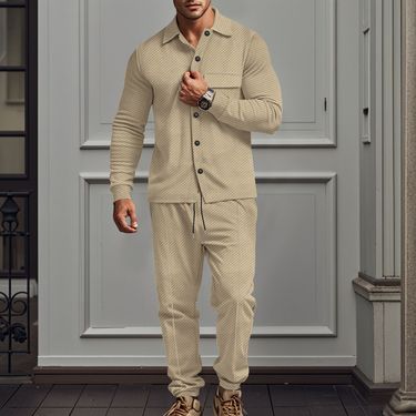 Men's Clothing Spring And Autumn Men's Jacquard Waffle Solid Color Long Sleeve Shirt Trousers Suit Men_voghion.com