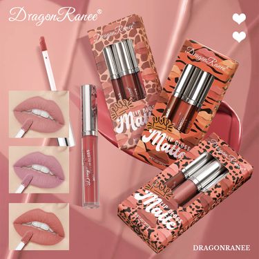 3-Piece Non-Stick Matte Lip Gloss Set - Long-Lasting Liquid Lipstick Gift Box, Velvety Finish_voghion.com