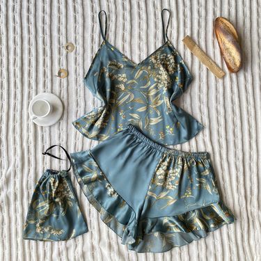 Women's Sleepwears Spring And Summer Silk Pajamas Two Piece Set Fashion Printed Shorts Home Wear Set Sexy Suspender Skirt_voghion.com