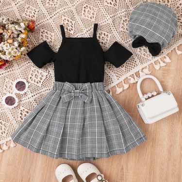 Children's Clothing Summer Primary and Secondary School Girls' Strap Off the Shoulder Sleeve Checkered Bow_voghion.com