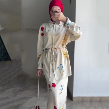Women's Clothing lace up thin fashion flower print casual silky long skirt two piece suit_viptrois.com