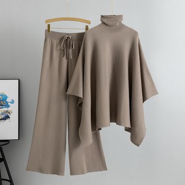 Women's Clothing autumn and winter new two piece suit for women with high collar cape, knitted sweater, wide leg pants, temperament suit_voghion.com