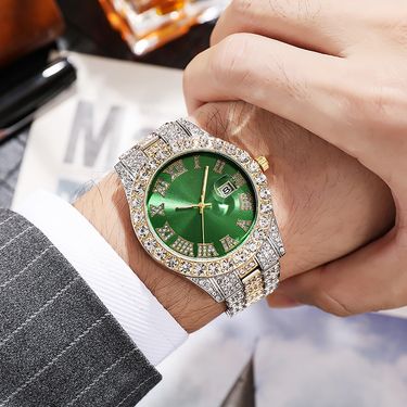 Hiphop watch popular men's steel belt hip hop Roman scale diamond calendar men's quartz watch_voghion.com