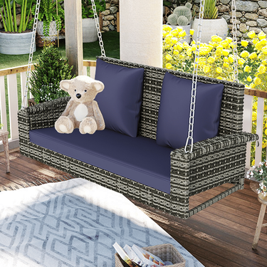2-Person Wicker Hanging Porch Swing with Chains, Cushion, Pillow, Rattan Swing Bench for Garden, Backyard, Pond._voghion.com