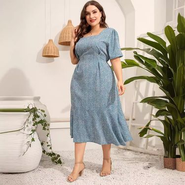 Slim Summer New Oversized Women's Square Neck Short Sleeved Dress With Floral Slim Fit Fishtail Skirt_voghion.com
