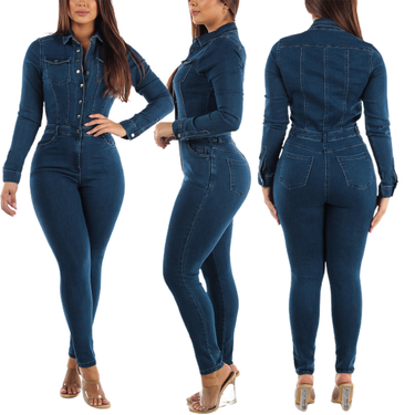 Women's Clothing Slim Fit Elastic Small Feet Washable Denim Jumpsuit Jumpsuit_voghion.com