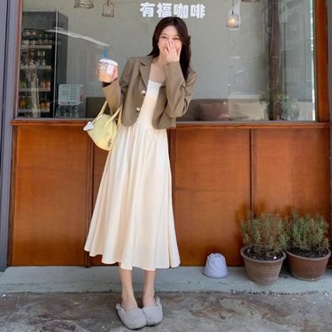 High-End Autumn Women's Suit Design Bow Tie Blazer Pure Desire Strap Dress Two-Piece Set_voghion.com