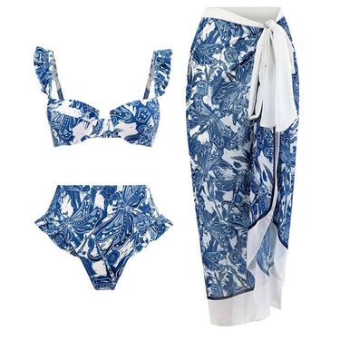 Women's Clothing Gathered Three Piece Bikini Sexy High Waist Bikini Split Swimsuit Women's Suit Mesh Long Skirt_voghion.com