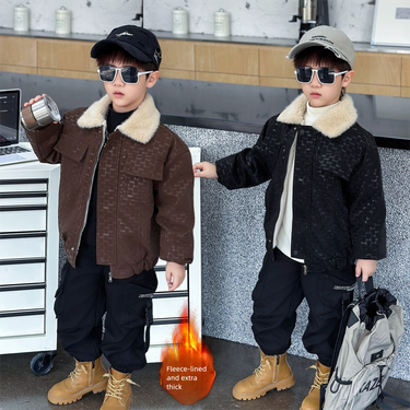 Children's Autumn Fleece-Lined Thickened Turn-Down Collar Leather 2025 Winter New Style Cool Baby Jacket Top Trendy_voghion.com