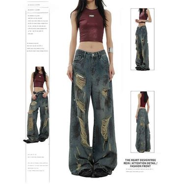 Abandoned Soil Style Splashed Ink Ripped Jeans For Women's Spring And Summer New Design Sense, Low Waist Slimming, Wide_voghion.com