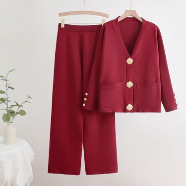 Women's Clothing autumn and winter new V neck single breasted metal button cardigan top wide leg pants knitted versatile two piece suit_voghion.com