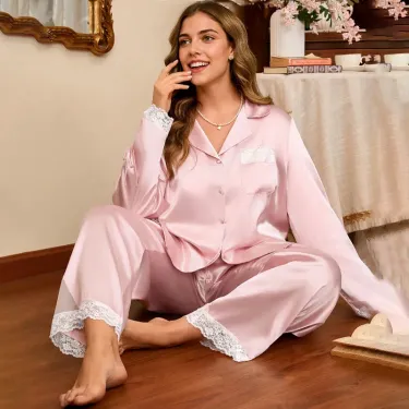 2025 New Women's Plus Size Spring And Autumn Silk Satin Lace Trim Sleeve Long Pants Pama Set Homewear_voghion.com