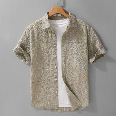 Summer Woven Plaid Bubble Sand Short Sleeved Shirt Men's Trendy Brand Loose And Versatile Plaid Half Sleeved Shirt_voghion.com