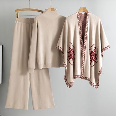 Women's Clothing loose lazy high necked sweater outer wear shawl cape coat wide leg pants three piece suit women autumn and winter_voghion.com