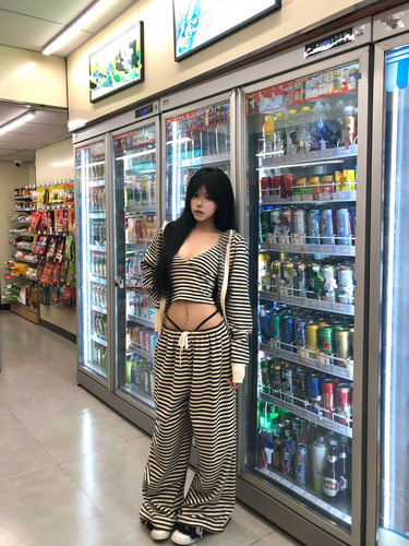 Spicy girl striped zipper hoodie loose casual top, vest, long pants, three piece set, women's 2024 autumn new item_voghion.com