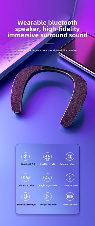 Neck wear portable Bluetooth speaker -TFcard support, 2 hours charging, 10 hours battery life, light and comfortable, suitable for sports/games/calls_voghion.com