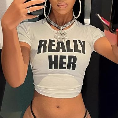 Women's Clothing Fashion Hip Hop Letter Pattern Printed Short Top Sexy Hot Girl Navel Baring T Shirt_voghion.com