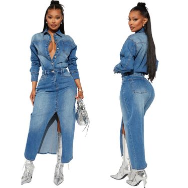 Women's Clothing Long Sleeve Denim Windbreaker Jacket Cardigan Denim Cape Dress_voghion.com