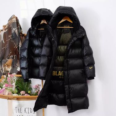 Women's Clothing New High End Black And Gold Goose Down Jacket Long Over Knee Thickened Hooded Couple Jacket Off Season Winter Wear_voghion.com