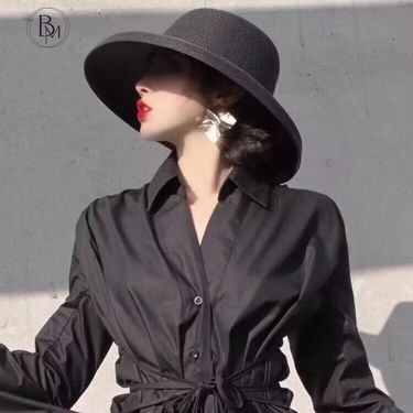 Women's Beach Hepburn Straw French Retro Fisherman Large Brim Black Hat With Foldable Sun Shade_voghion.com