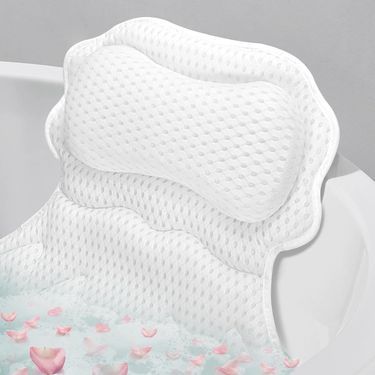 【TÜV Certified】Ergonomic Bath Pillow | 6 Super-Suction Cups, 4D AirMesh | Head & Neck Support | Machine Washable & Quick Dry (white)_voghion.com