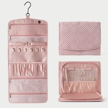 Travel Hanging Jewelry Organizer Case Foldable Jewelry Roll With Hanger For Journey Rings, Necklaces, Bracelets, Earrings_voghion.com