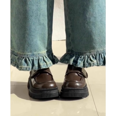 Brown small leather for women's spring Velcro thick soled loafers, sponge cake round Mary Jane big toe JK shoes_voghion.com