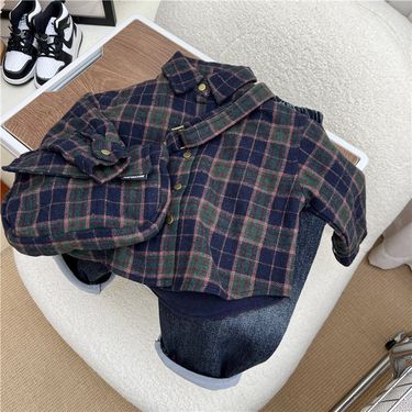 2024 Autumn Winter Korean Children's Plush Checkered Comes with Small Bag, Boys' Woolen Fabric Thickened Casual Shirt_voghion.com