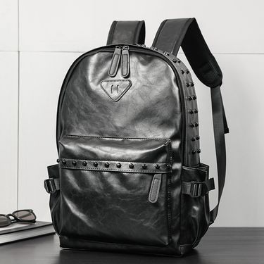 Backpack Men's Backpack Leather Retro Backpack Street Trend Personality Fashion Riveted Student Boy Backpack Casual_voghion.com