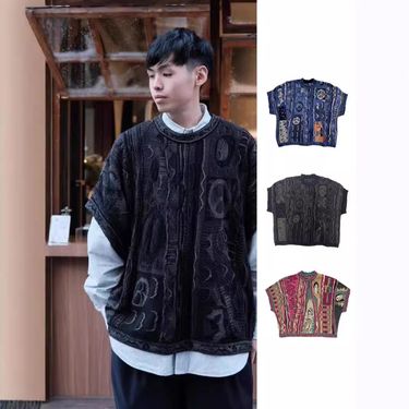 Kapital Vintage Anti War Hirata Kazuhiro Retro Ethnic Knitted Sweater Pullover Loose Short Sleeve Vest_voghion.com