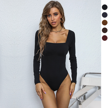 Women's clothing independent station jumpsuit women's tight one-line collar pit strip knitted jumpsuit_voghion.com