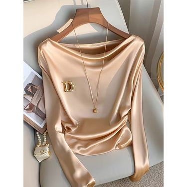 Women's Clothing Popular Champagne Colored Long Sleeved Satin Shirt For Women In Early Autumn 2024, French Style Niche Collar Tops_voghion.com