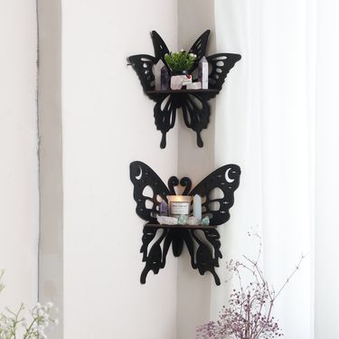 New black wooden hollow butterfly crystal storage rack simple home wall decoration_voghion.com